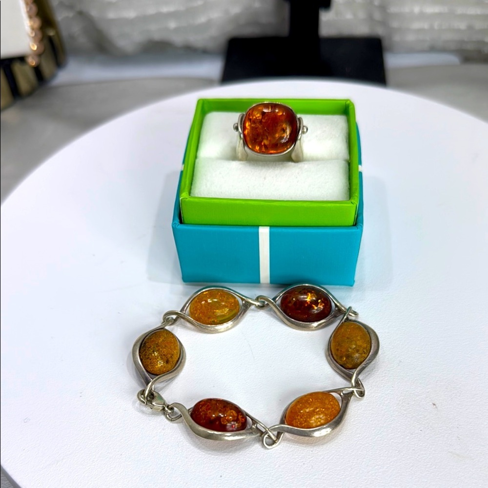 (Z4) Vintage genuine Baltic amber Set bracelet and ring in 925 sterling silver